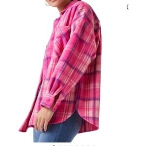 Francesca Miami Barbie Pink Cozy Button Down Plaid Shacket NEW Size Small